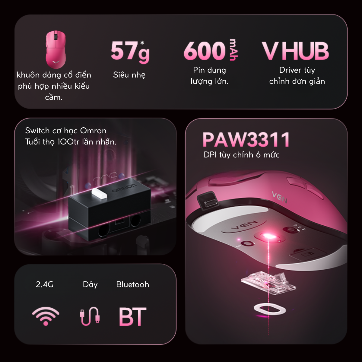 Chuột Gaming Không Dây VGN Dragonfly F1 SE Siêu nhẹ 57g, Cảm biến PAW3911, Chip CX52850E, 12000 DPI, Pin 600mAh