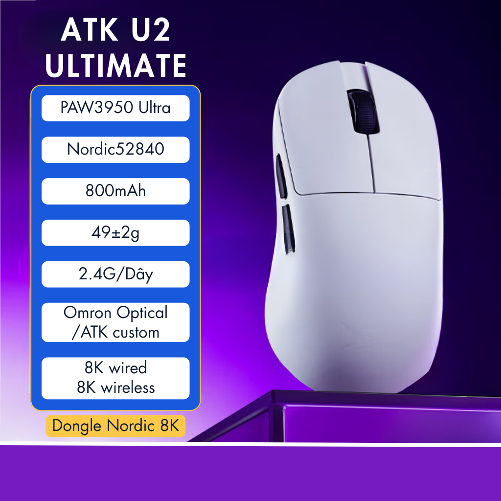 Chuột Gaming ATK U2 – Chuột Không Dây Nhẹ 44g, Cảm Biến PAW3950 Ultra, Polling Rate 8000Hz - Hiệu Suất Đỉnh Cao Cho Game Thủ