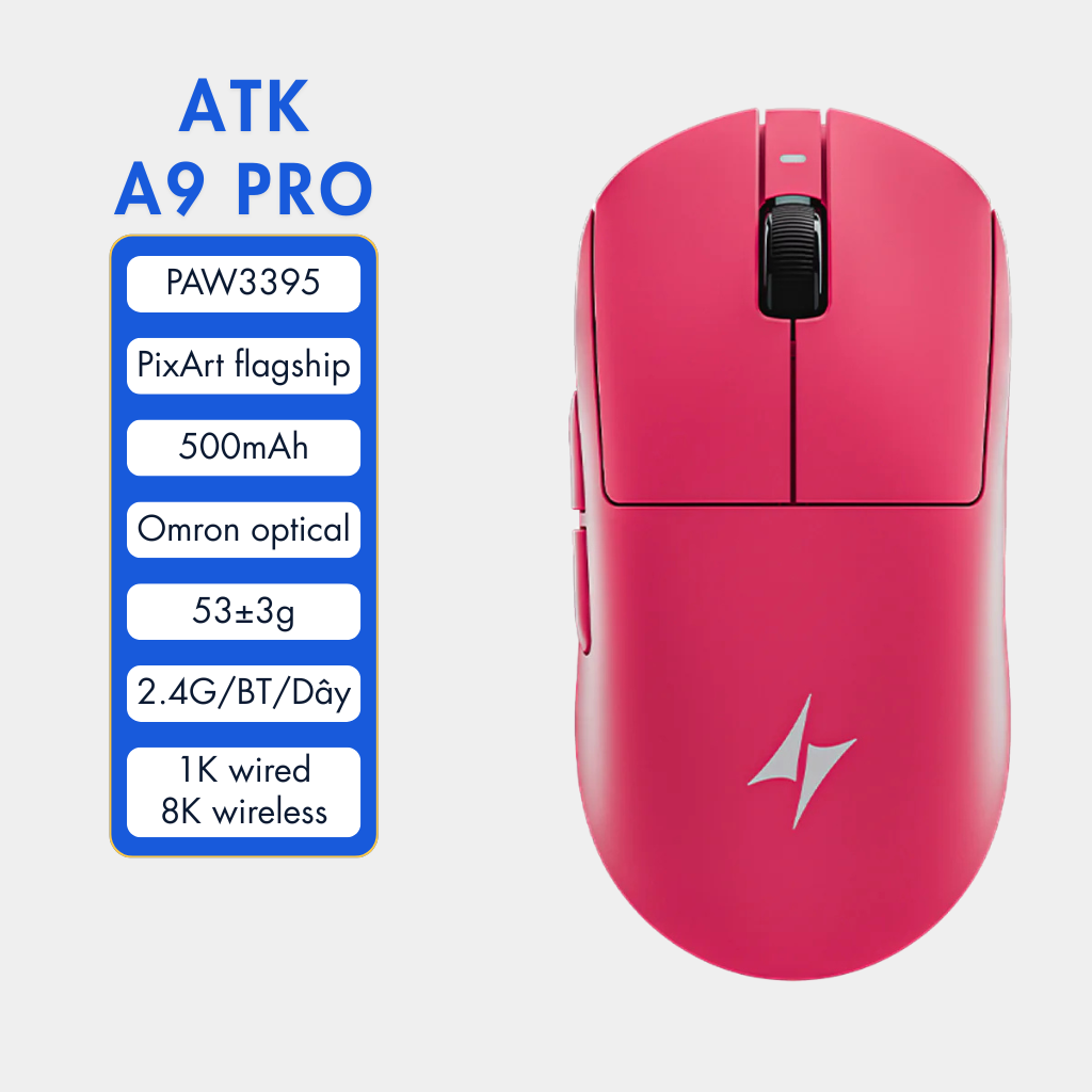 VGN ATK A9 - Chuột Không Dây Nhẹ 53g, Cảm Biến PAW3950 Ultra, Polling Rate 8000Hz - Hiệu Suất Đỉnh Cao Cho Game Thủ