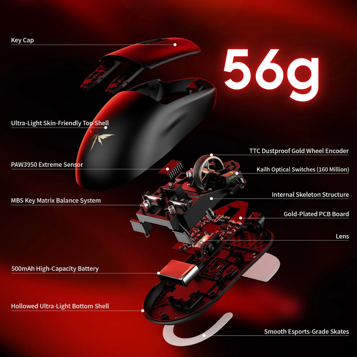 Chuột Gaming Không Dây VGN Dragonfly 3 Series, PAW3395 Extreme, Nordic 54L15, Delay 0.175ms, 56g, Lớp Phủ Ice-Feel Coating, Pin 500mAh