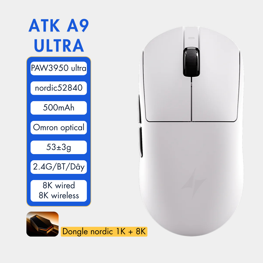 VGN ATK A9 - Chuột Không Dây Nhẹ 53g, Cảm Biến PAW3950 Ultra, Polling Rate 8000Hz - Hiệu Suất Đỉnh Cao Cho Game Thủ