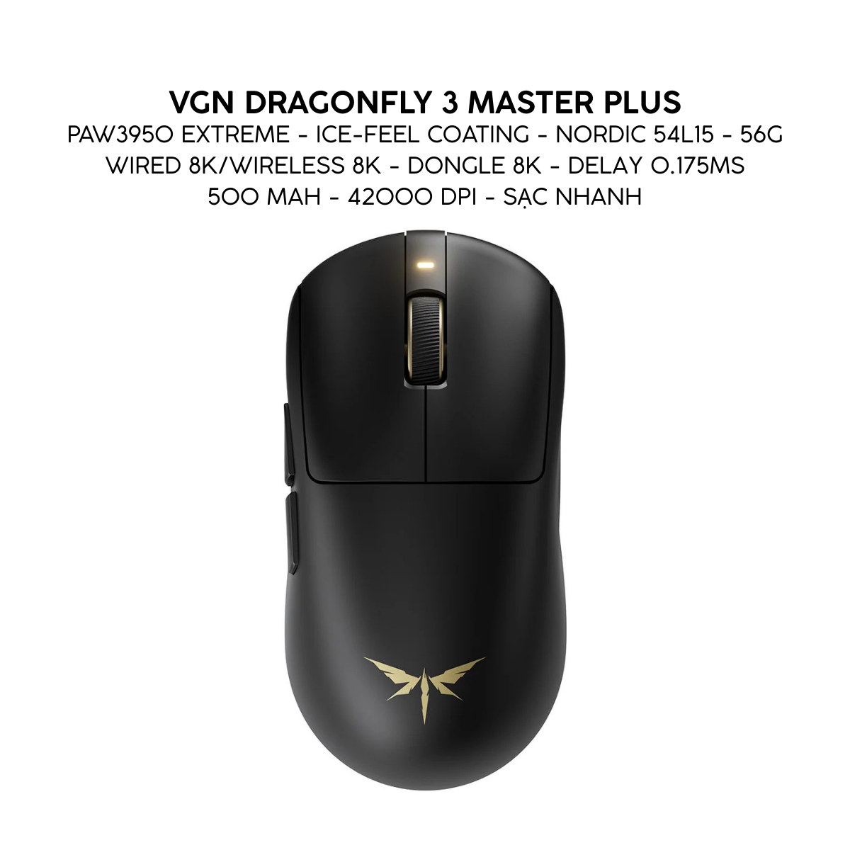 Chuột Gaming Không Dây VGN Dragonfly 3 Series, PAW3395 Extreme, Nordic 54L15, Delay 0.175ms, 56g, Lớp Phủ Ice-Feel Coating, Pin 500mAh