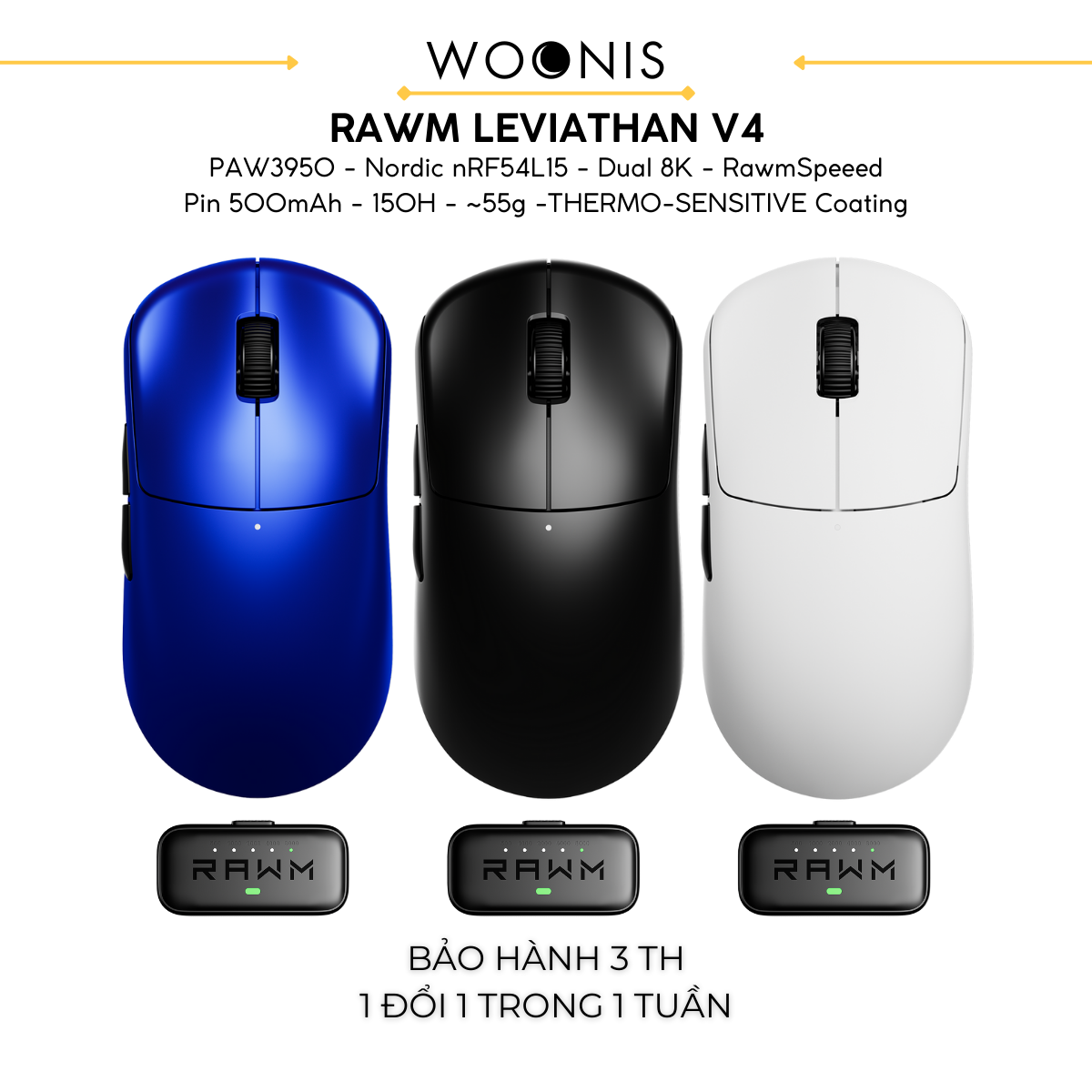 Chuột Gaming Không Dây RAWM Leviathan V4, Cảm Biến PAW3950, Nordic nRF54L15, Dual 8K, RawmSpeeed, Pin 500mAh, 150H, ~55g, Lớp Phủ THERMO-SENSITIVE