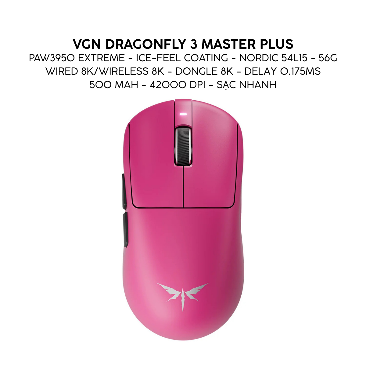Chuột Gaming Không Dây VGN Dragonfly 3 Series, PAW3395 Extreme, Nordic 54L15, Delay 0.175ms, 56g, Lớp Phủ Ice-Feel Coating, Pin 500mAh