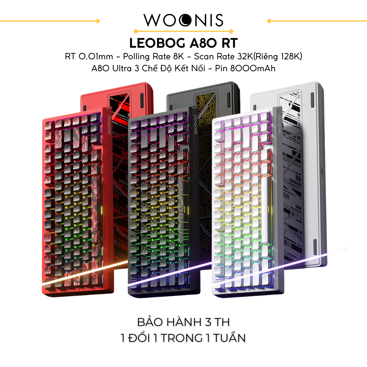 Bàn Phím Gaming HE Leobog A80RT, Pin 8000mAh, RT 0.01mm, Polling Rate 8K, Scan Rate 32K, RGB 16triệu màu
