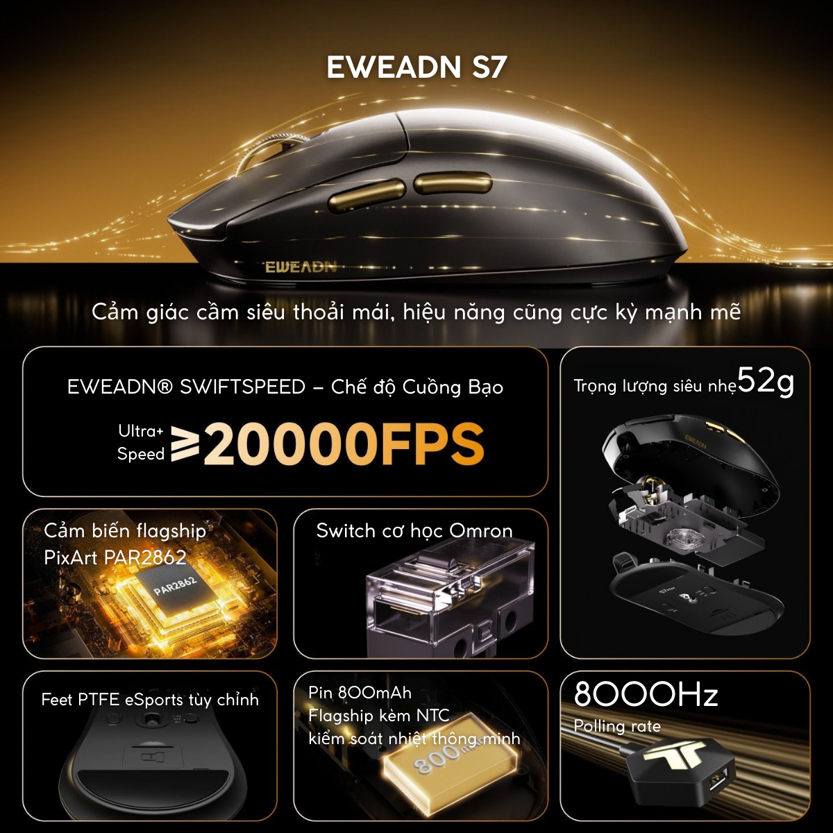 Chuột Gaming Không Dây Eweadn S7 Series, PAW 3950, PAR2862, Polling rate 8K, Pin 800mAh, Lớp phủ Nano Ice Skin