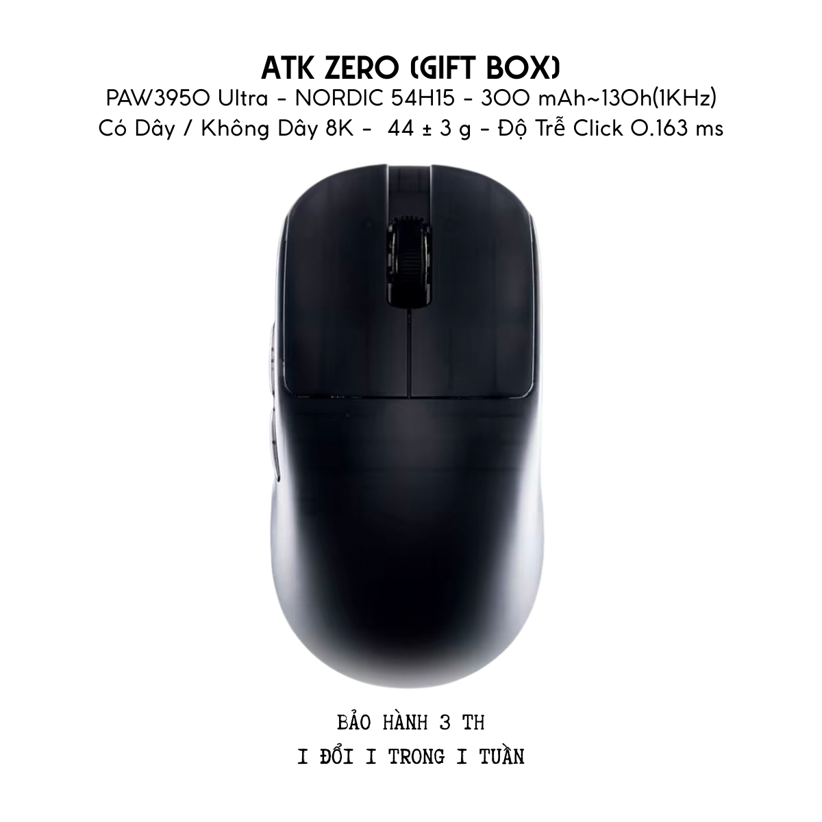 Chuột Gaming Không Dây ATK ZERO Series, Nordic 54H20, PAW 3950 Ultra, Delay 0.163ms, 800mAh, 39g±3g, Dongle GEM 8K
