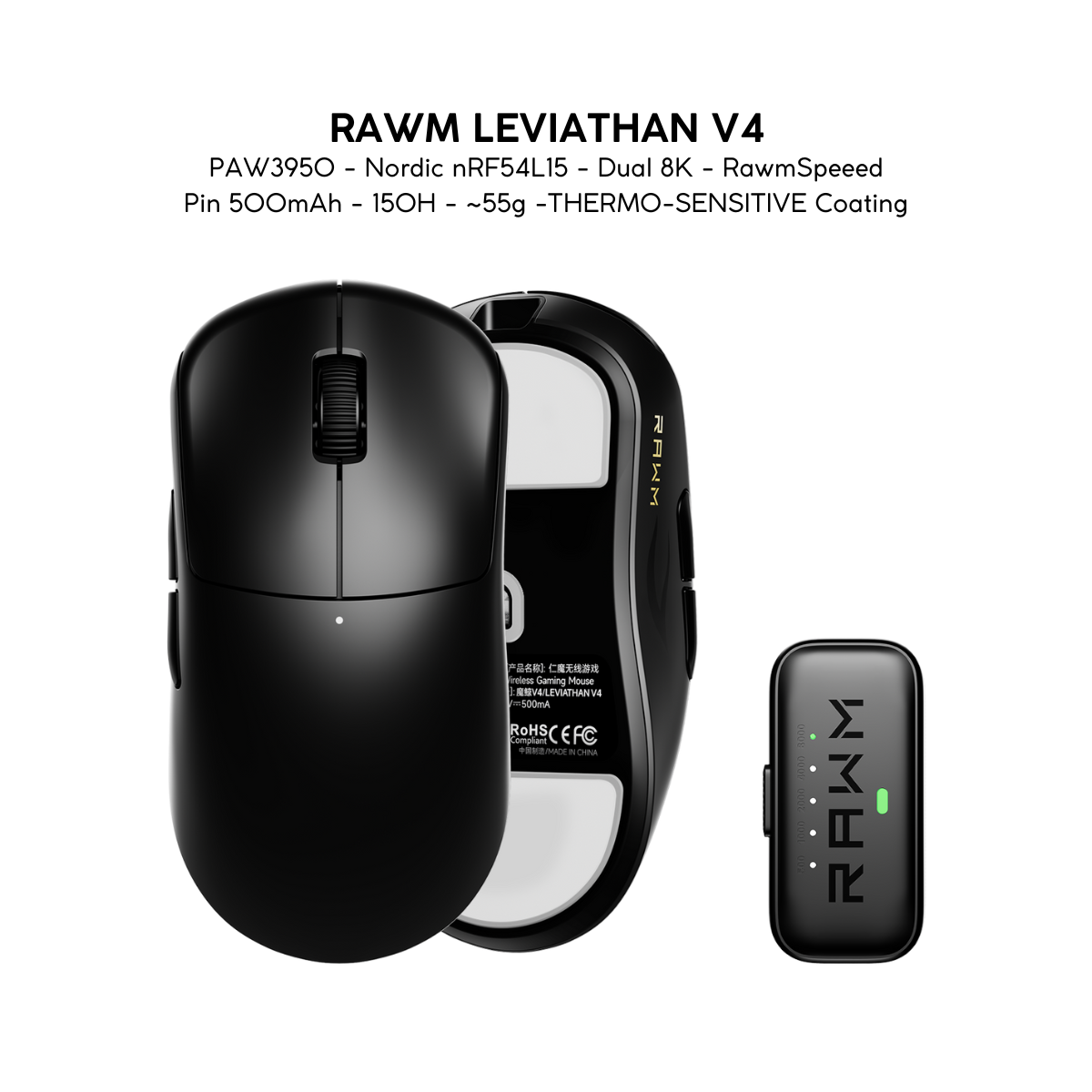 Chuột Gaming Không Dây RAWM Leviathan V4, Cảm Biến PAW3950, Nordic nRF54L15, Dual 8K, RawmSpeeed, Pin 500mAh, 150H, ~55g, Lớp Phủ THERMO-SENSITIVE