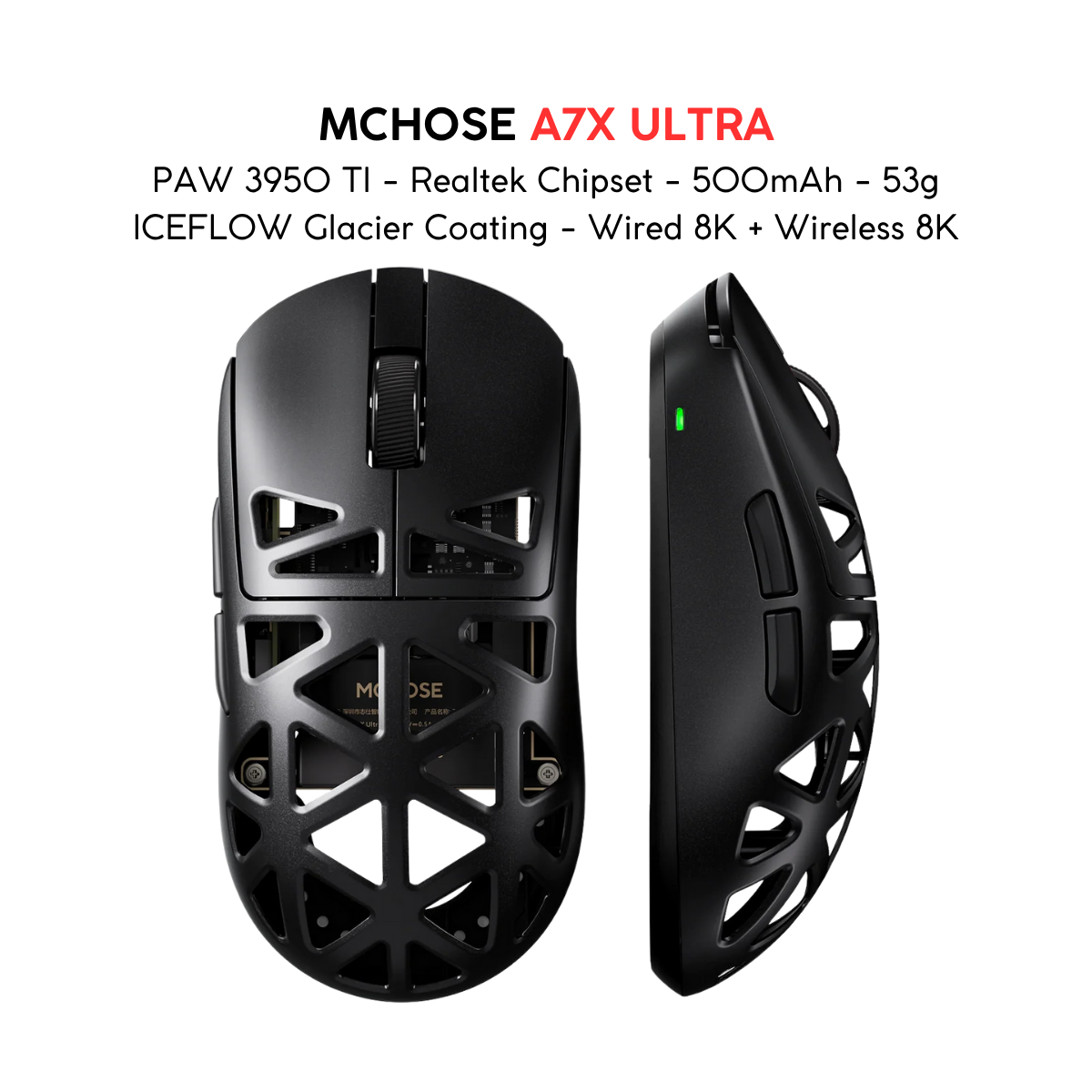 Chuột Gaming Không Dây MCHOSE A7X ULTRA PAW 3950 TI - Realtek Chipset - 500mAh - 53g ICEFLOW Glacier Coating - Wired 8K + Wireless 8K