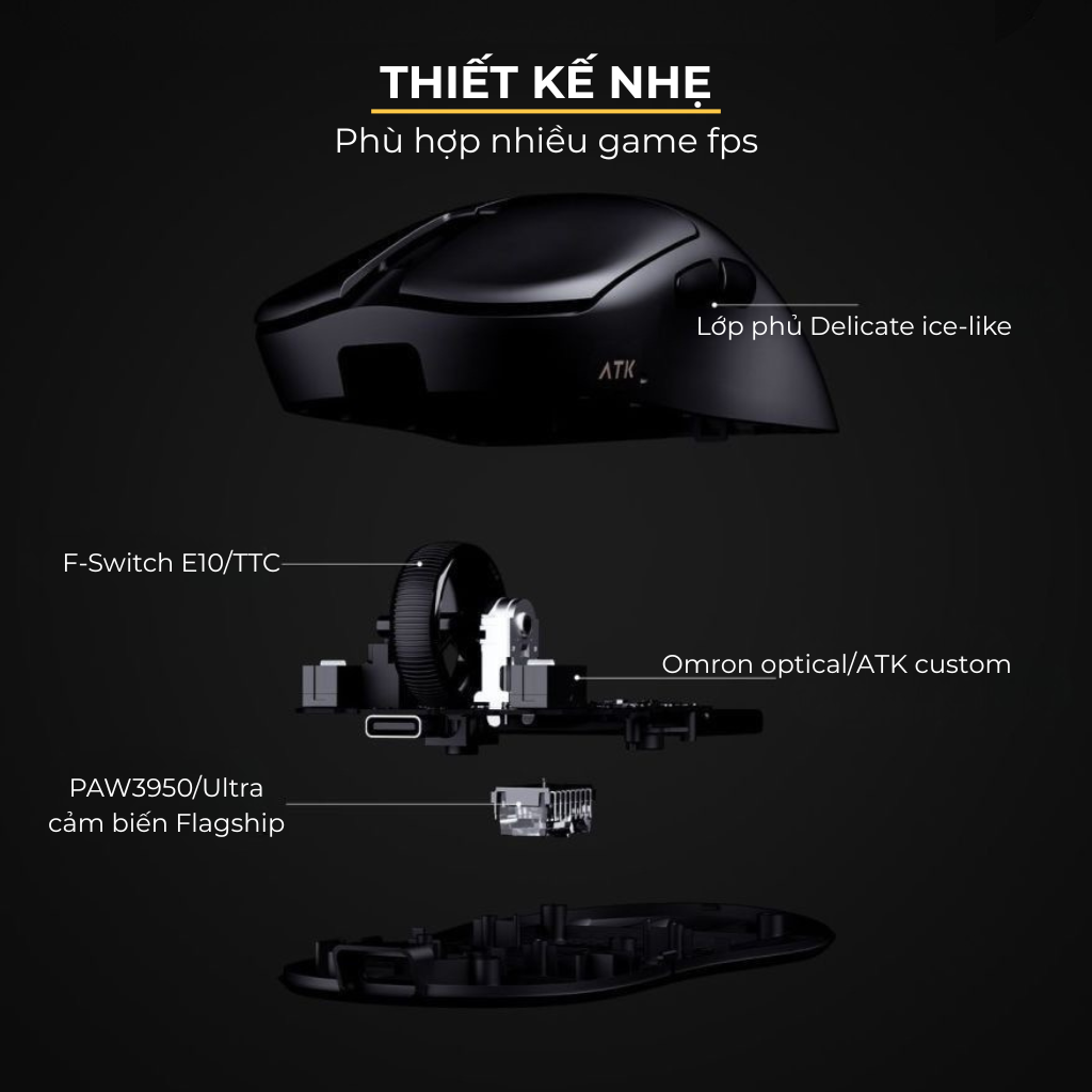 Chuột Gaming ATK U2 – Chuột Không Dây Nhẹ 44g, Cảm Biến PAW3950 Ultra, Polling Rate 8000Hz - Hiệu Suất Đỉnh Cao Cho Game Thủ