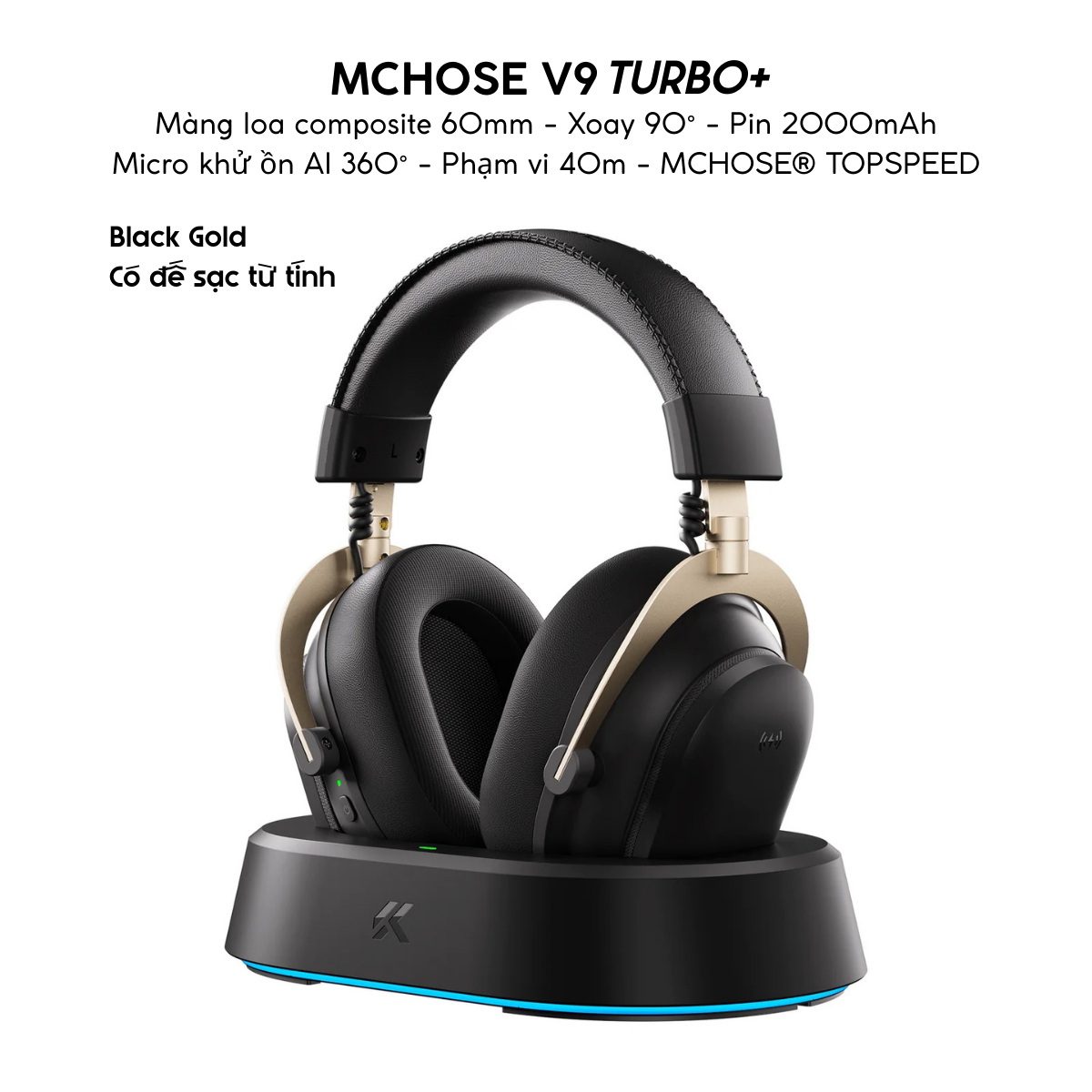 Tai Nghe Gaming Không Dây MCHOSE V9 Turbo – Đế Sạc Từ Tính,&nbsp; 7.1 Surround, Pin Trâu 250H, Mic AI Chống Ồn