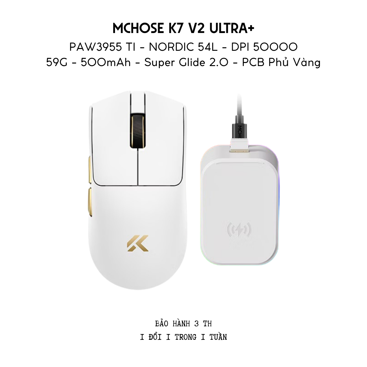 Chuột Gaming Không Dây MCHOSE K7 V2 Ultra+ PAW3955 TI 8K | Siêu Nhẹ 59g | Dock Sạc RGB RGB