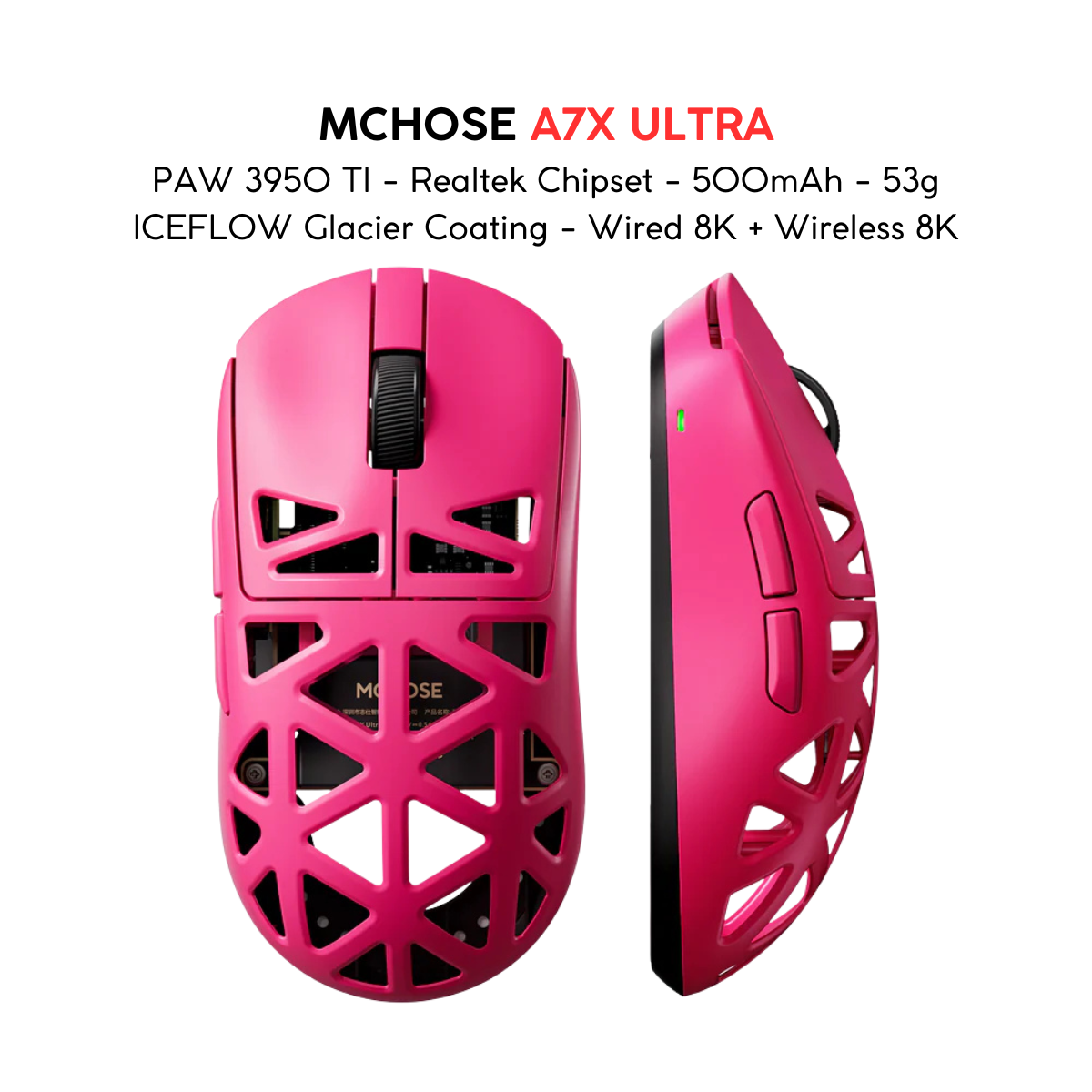 Chuột Gaming Không Dây MCHOSE A7X ULTRA PAW 3950 TI - Realtek Chipset - 500mAh - 53g ICEFLOW Glacier Coating - Wired 8K + Wireless 8K