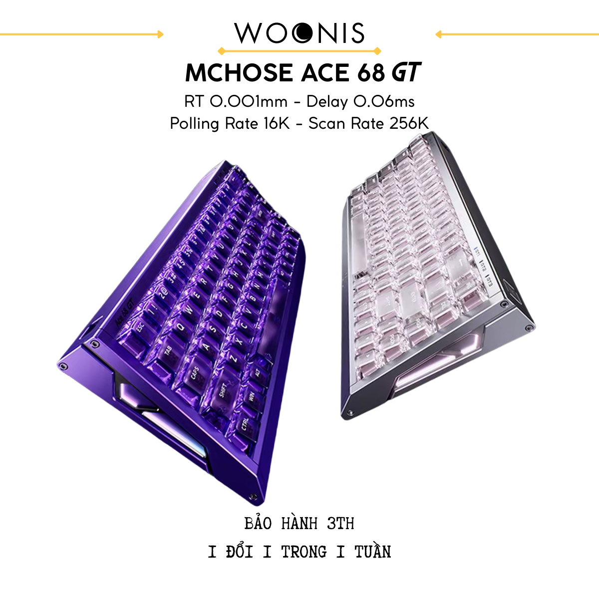 BÀN PHÍM GAMING HE MCHOSE ACE 68 GT, Polling Rate 16K, Độ Chính Xác 0.001mm, Scan Rate 256K, Độ Trễ 0.06ms, RGB 16.8 triệu màu, Hỗ Trợ Music Rhythm 2.0