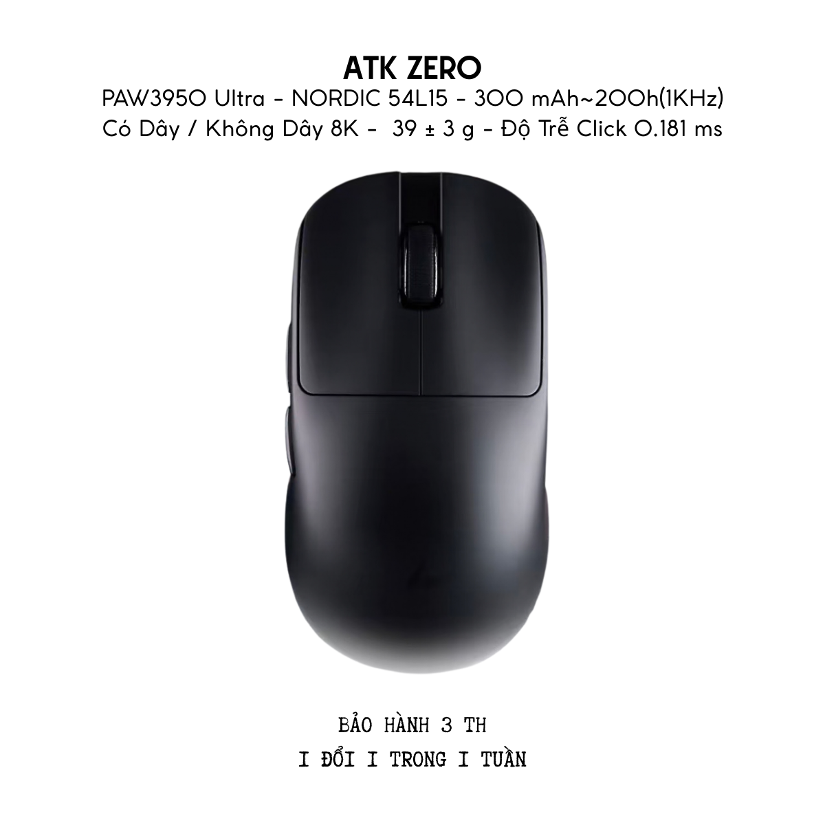 Chuột Gaming Không Dây ATK ZERO Series, Nordic 54H20, PAW 3950 Ultra, Delay 0.163ms, 800mAh, 39g±3g, Dongle GEM 8K
