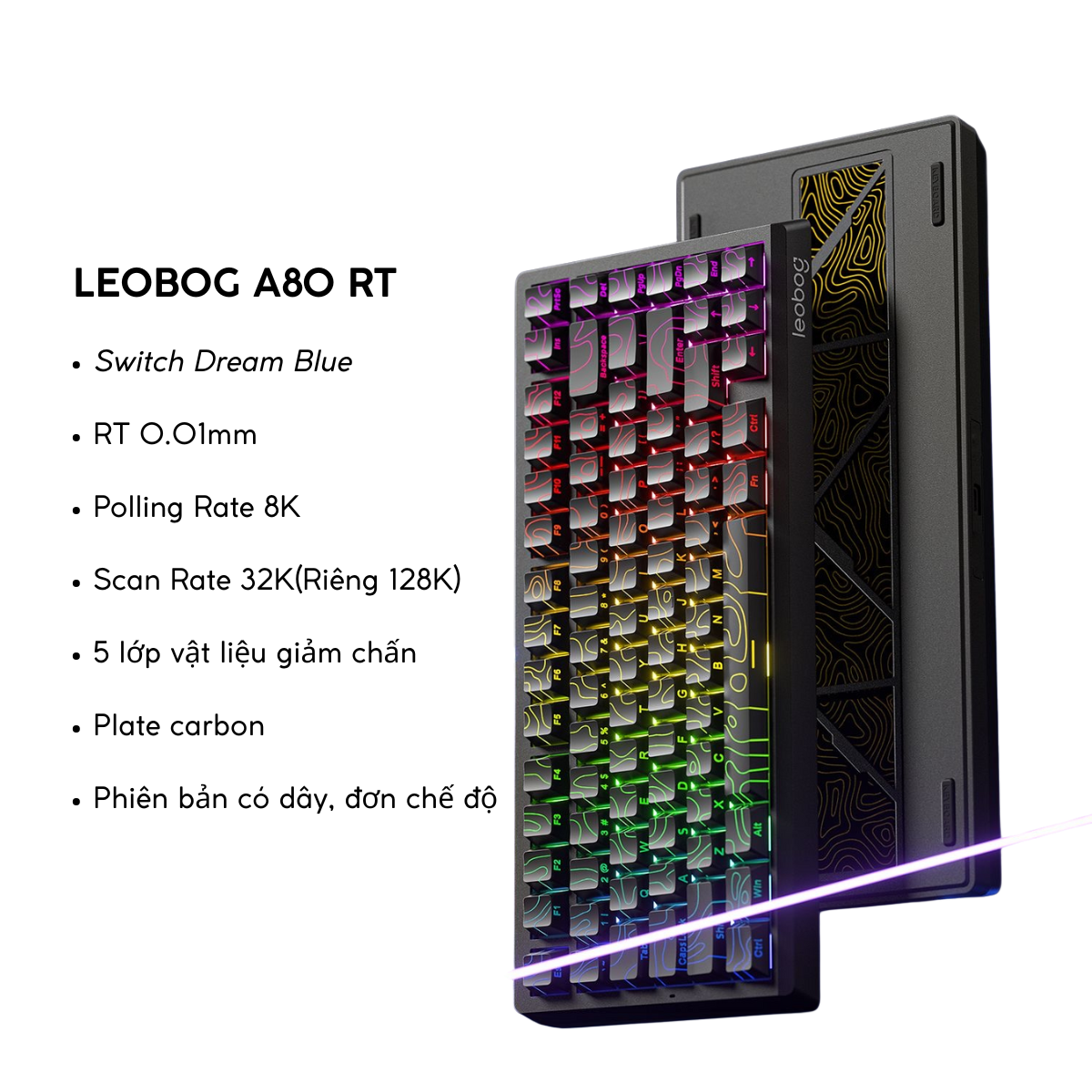 Bàn Phím Gaming HE Leobog A80RT, Pin 8000mAh, RT 0.01mm, Polling Rate 8K, Scan Rate 32K, RGB 16triệu màu