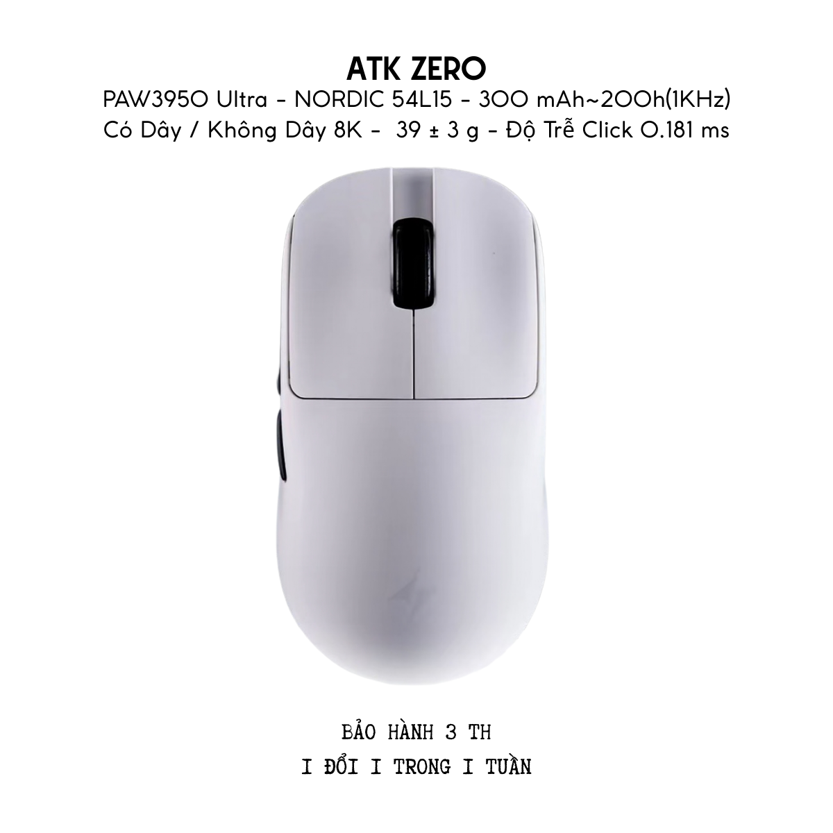 Chuột Gaming Không Dây ATK ZERO Series, Nordic 54H20, PAW 3950 Ultra, Delay 0.163ms, 800mAh, 39g±3g, Dongle GEM 8K