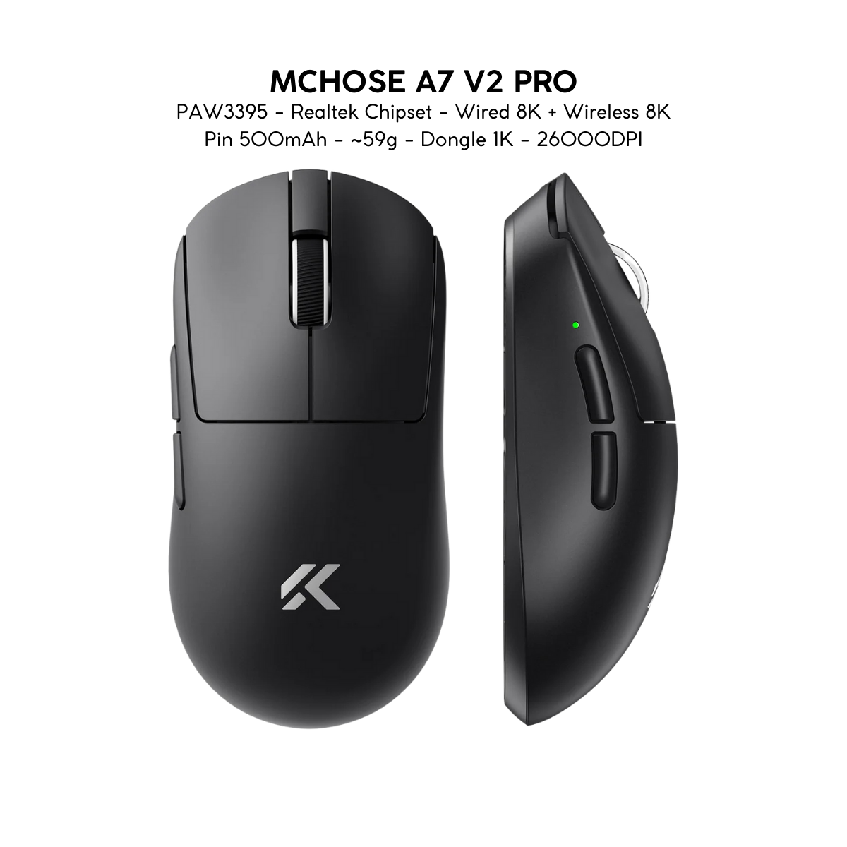 Chuột Gaming Không Dây Mchose A7 V2 Pro+/Ultra+ Đế Sạc Từ Tính, PAW 3950TI, Realtek Chipset, 42000 DPI, Dongle 8K, Siêu nhẹ 59g, Pin 500mAh