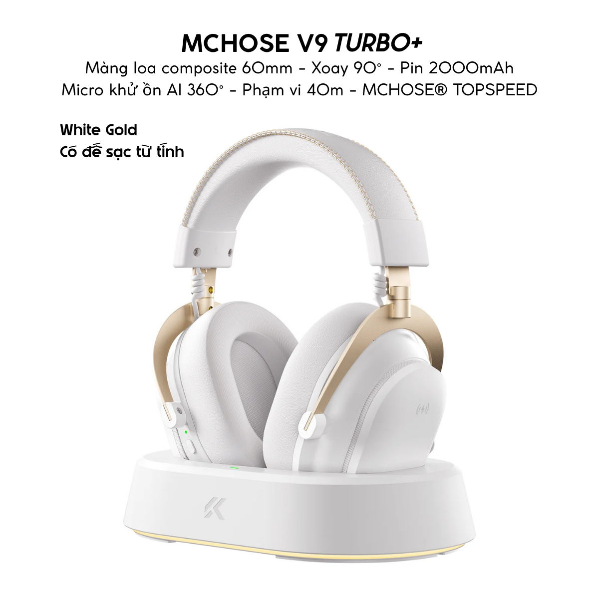 Tai Nghe Gaming Không Dây MCHOSE V9 Turbo – Đế Sạc Từ Tính,&nbsp; 7.1 Surround, Pin Trâu 250H, Mic AI Chống Ồn