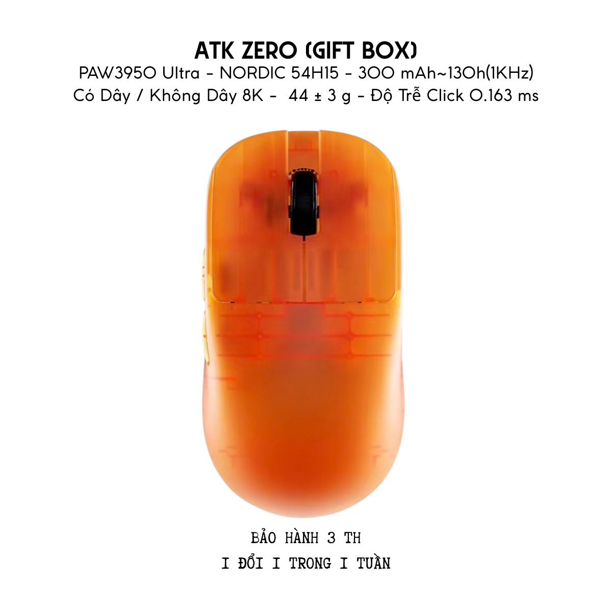 Chuột Gaming Không Dây ATK ZERO Series, Nordic 54H20, PAW 3950 Ultra, Delay 0.163ms, 800mAh, 39g±3g, Dongle GEM 8K