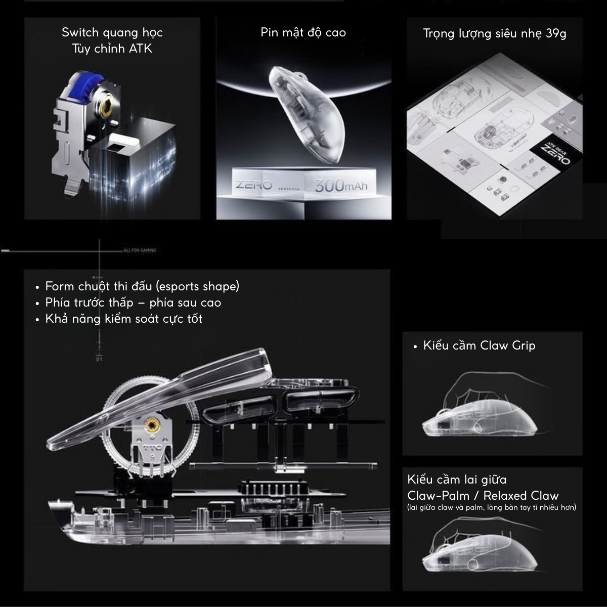 Chuột Gaming Không Dây ATK ZERO Series, Nordic 54H20, PAW 3950 Ultra, Delay 0.163ms, 800mAh, 39g±3g, Dongle GEM 8K