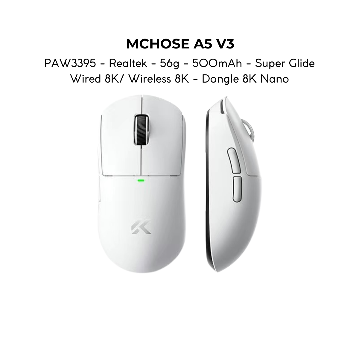 Chuột Gaming Không Dây MCHOSE A5 V3, PAW3395, MCU Realtek, Lớp Phủ Super Glide, Dual 8K