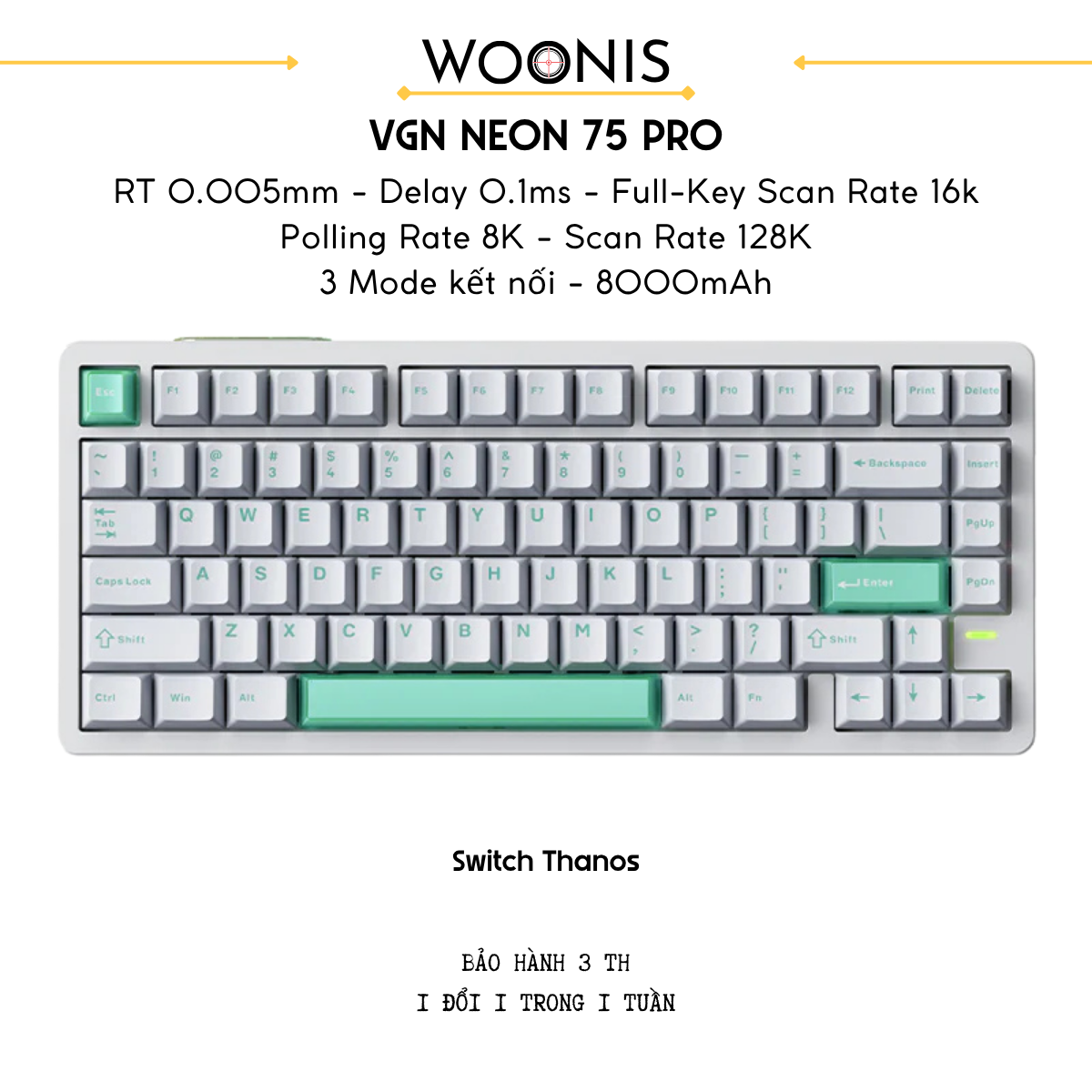 VGN Neon 75 | Bàn Phím Phím Từ Tính Chuyên Game Pin 8000mAh, 8K Hz, Độ Trễ 0.1ms, Scan Rate 256K, Accuracy 0.005mm, RGB 16.8 Triệu Màu