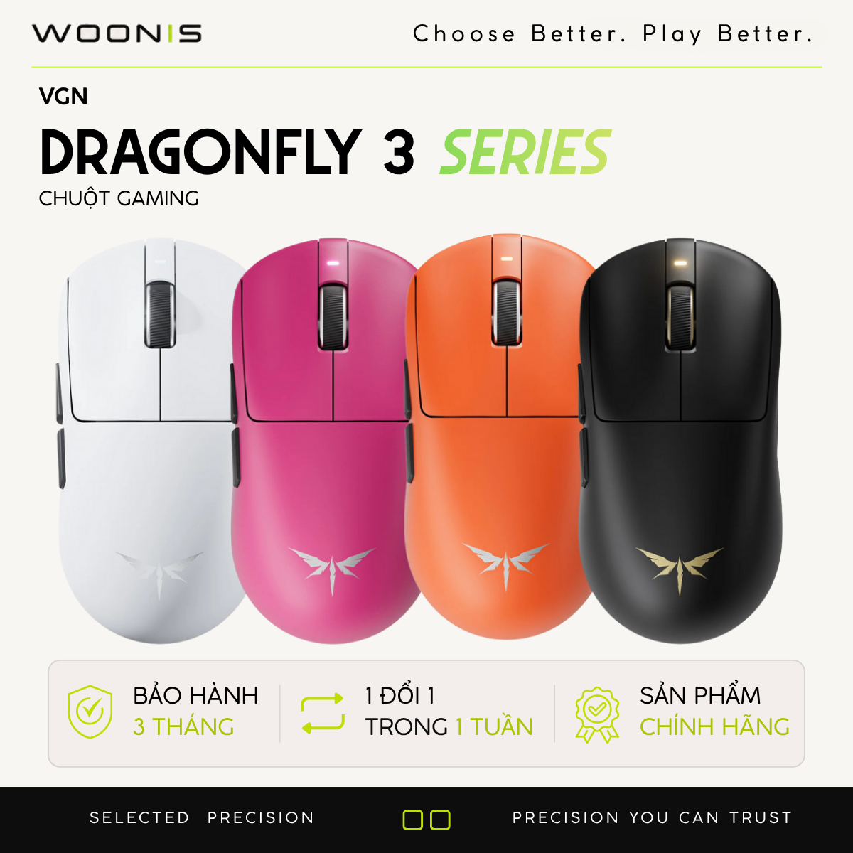 Chuột Gaming Không Dây VGN Dragonfly 3 Series, PAW3395 Extreme, Nordic 54L15, Delay 0.175ms, 56g, Lớp Phủ Ice-Feel Coating, Pin 500mAh