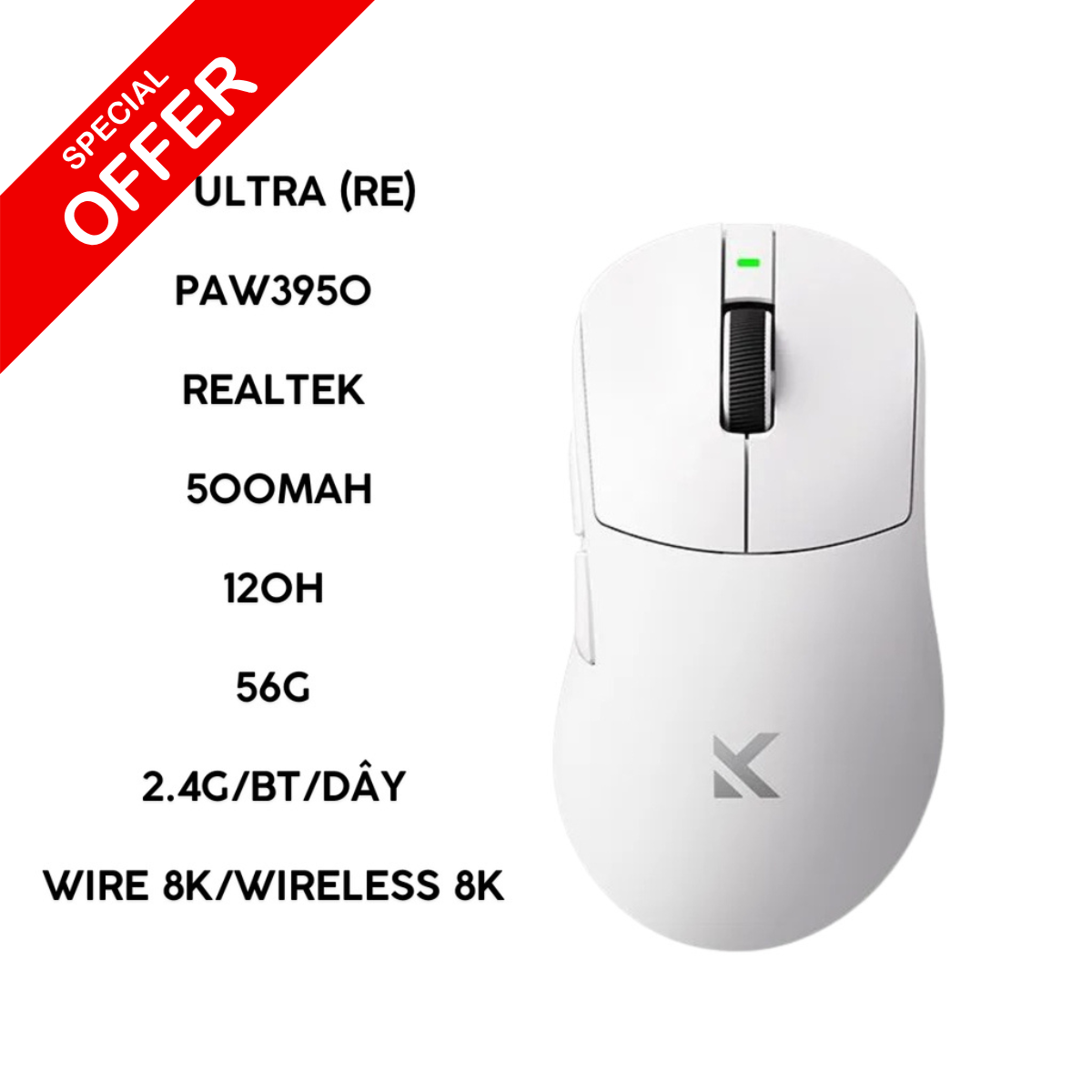 Chuột Gaming Không Dây Mchose A7 Ultra (RE) PAW3950, Chip Realtek, 56g và dành cho người thuận tay phải