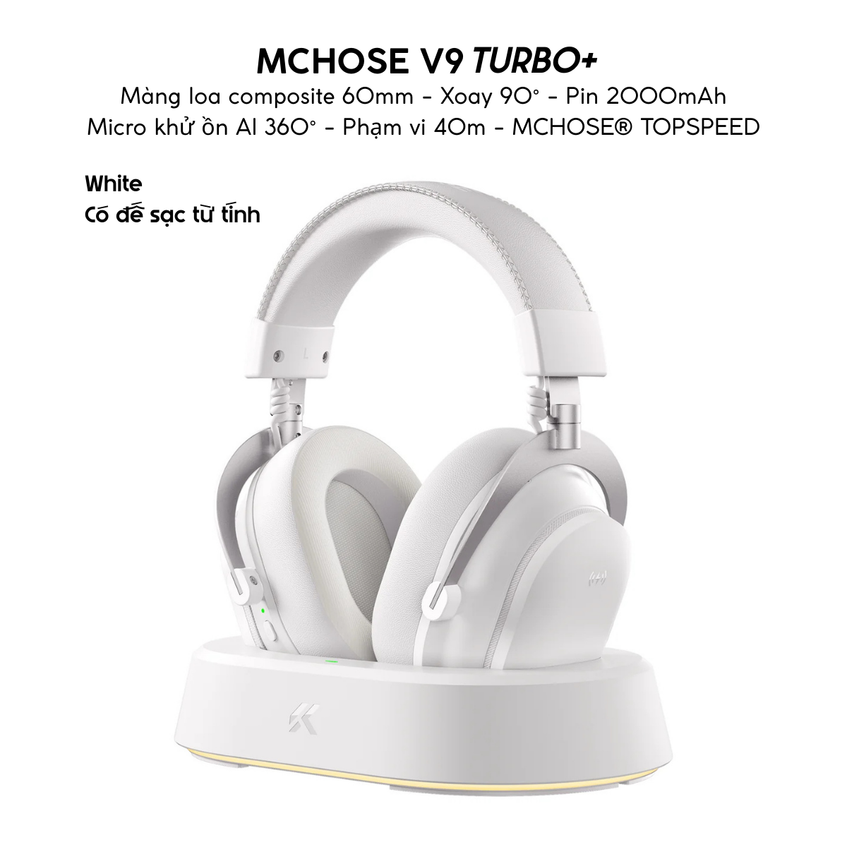 Tai Nghe Gaming Không Dây MCHOSE V9 Turbo – Đế Sạc Từ Tính,&nbsp; 7.1 Surround, Pin Trâu 250H, Mic AI Chống Ồn