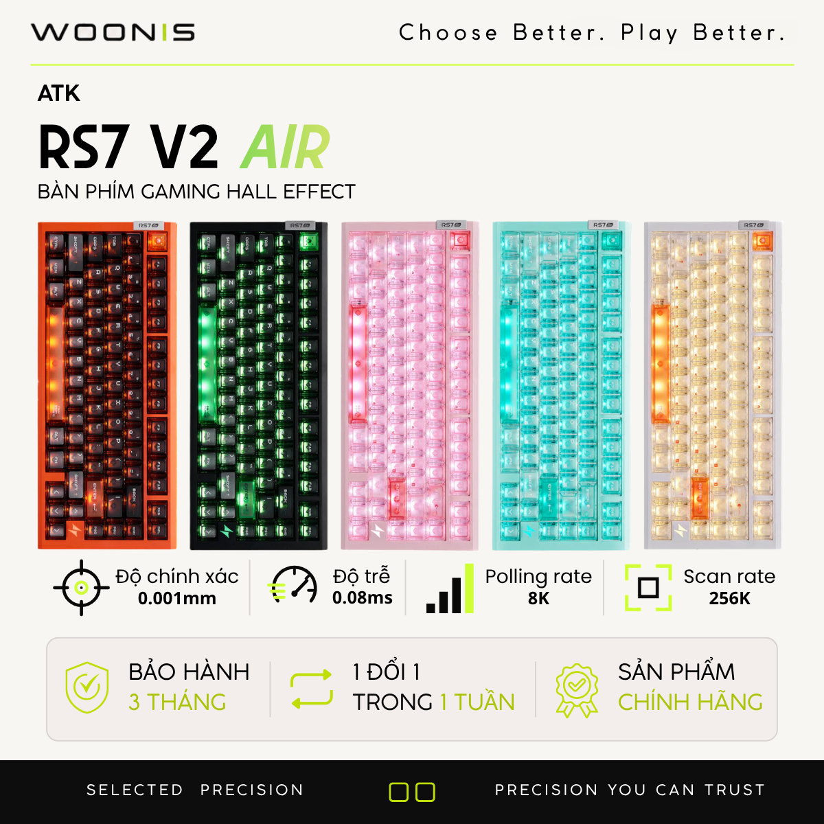 Bàn Phím Gaming HE Atk Rs7 Air, Polling Rate 8K, Độ Chính Xác 0.001mm, Scan Rate 256K, Độ Trễ 0.08ms, RGB 16.8 triệu màu