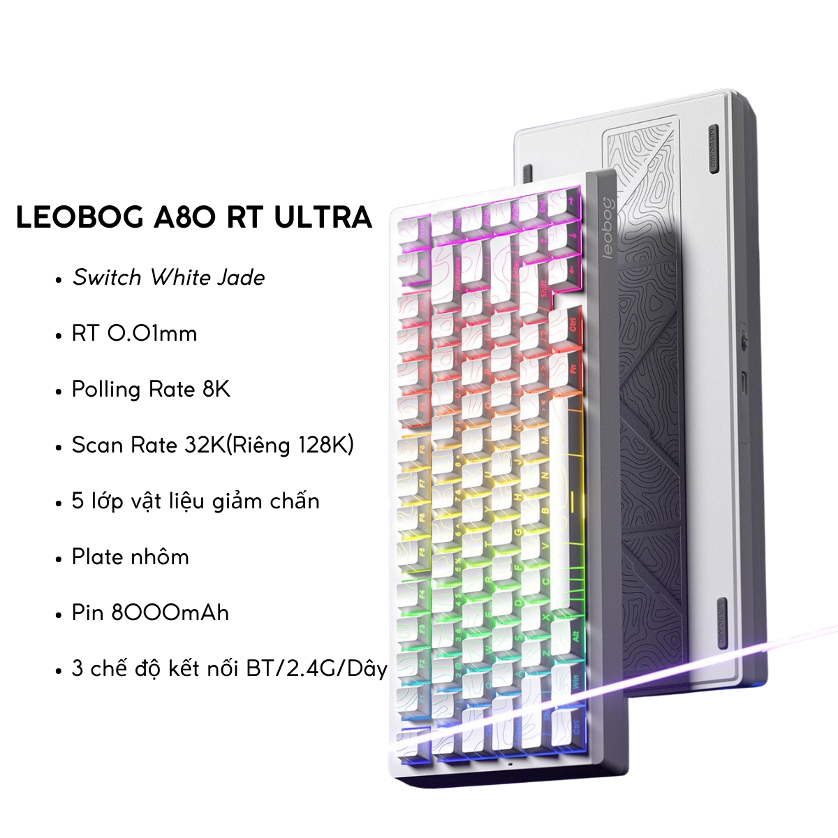Bàn Phím Gaming HE Leobog A80RT, Pin 8000mAh, RT 0.01mm, Polling Rate 8K, Scan Rate 32K, RGB 16triệu màu