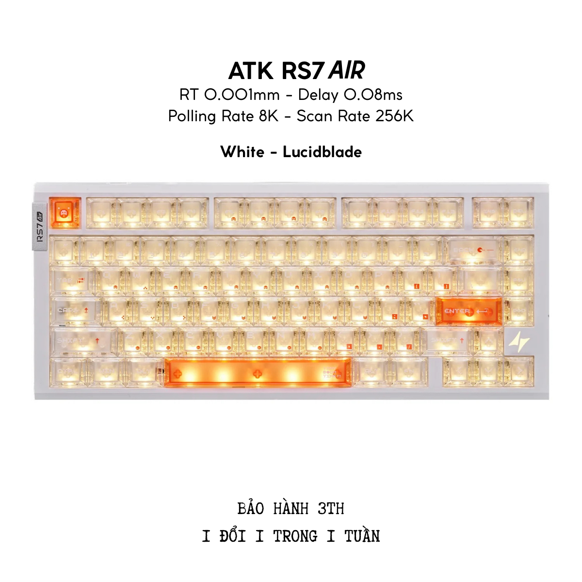 BÀN PHÍM GAMING HE ATK RS7 AIR, Polling Rate 8K, Độ Chính Xác 0.001mm, Scan Rate 256K, Độ Trễ 0.08ms, RGB 16.8 triệu màu