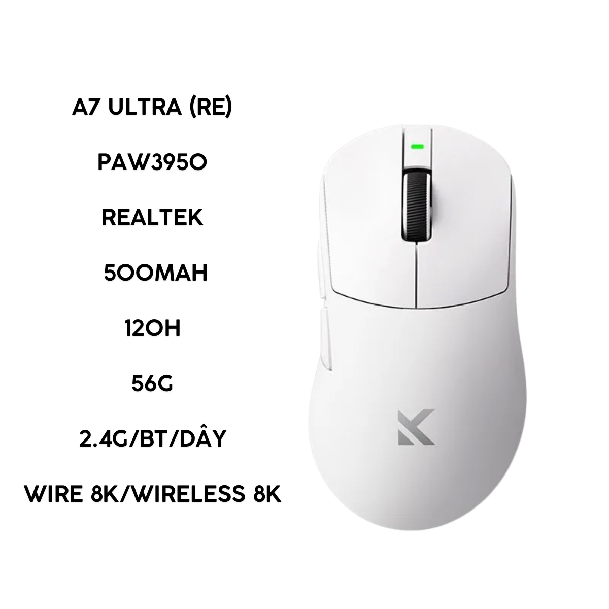 Chuột Gaming Không Dây Mchose A7 Ultra (RE) PAW3950, Chip Realtek, 56g và dành cho người thuận tay phải