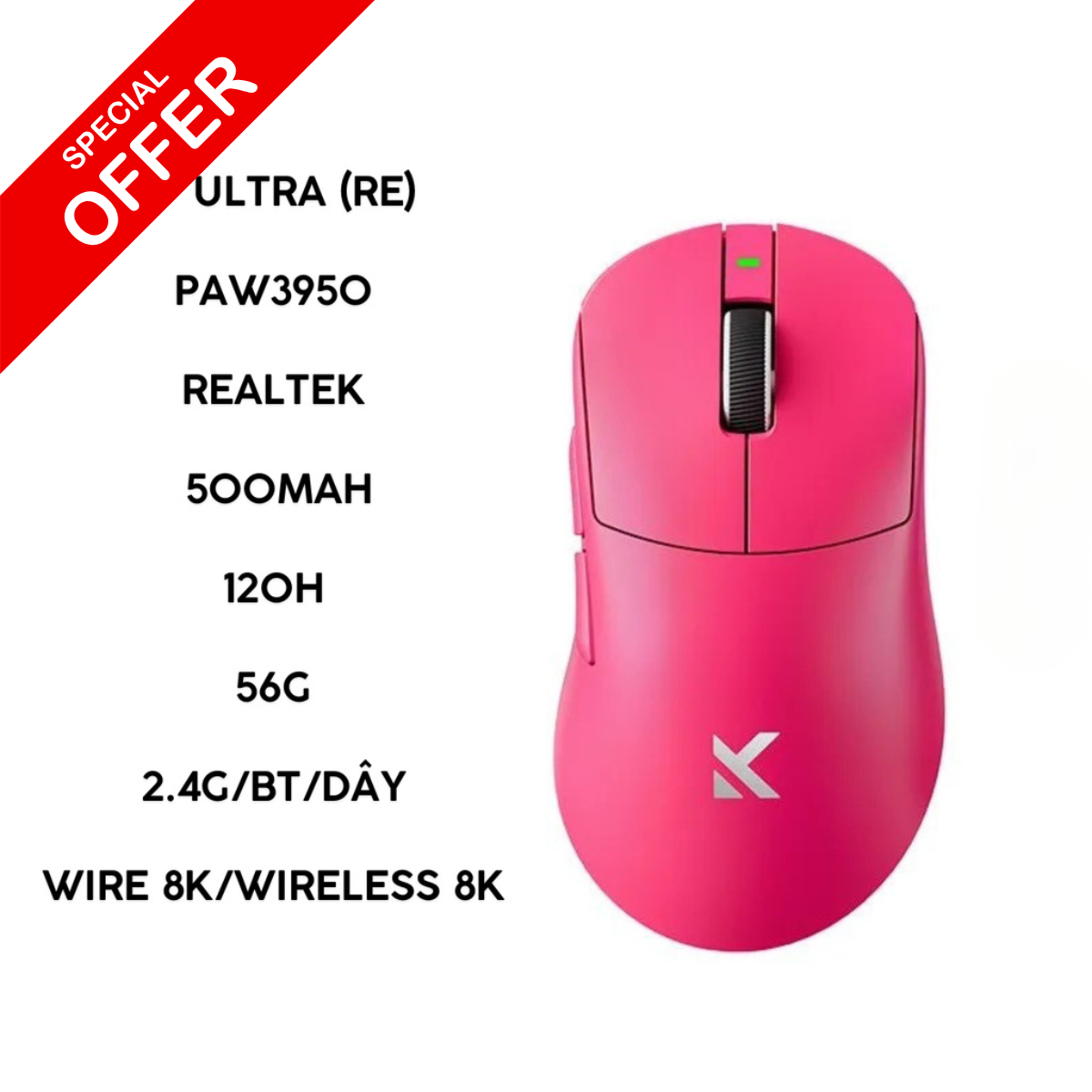 Chuột Gaming Không Dây Mchose A7 Ultra (RE) PAW3950, Chip Realtek, 56g và dành cho người thuận tay phải