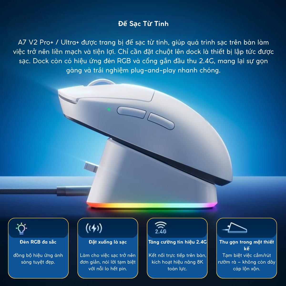 Chuột Gaming Không Dây Mchose A7 V2 Pro+/Ultra+ Đế Sạc Từ Tính, PAW 3950TI, Realtek Chipset, 42000 DPI, Dongle 8K, Siêu nhẹ 59g, Pin 500mAh