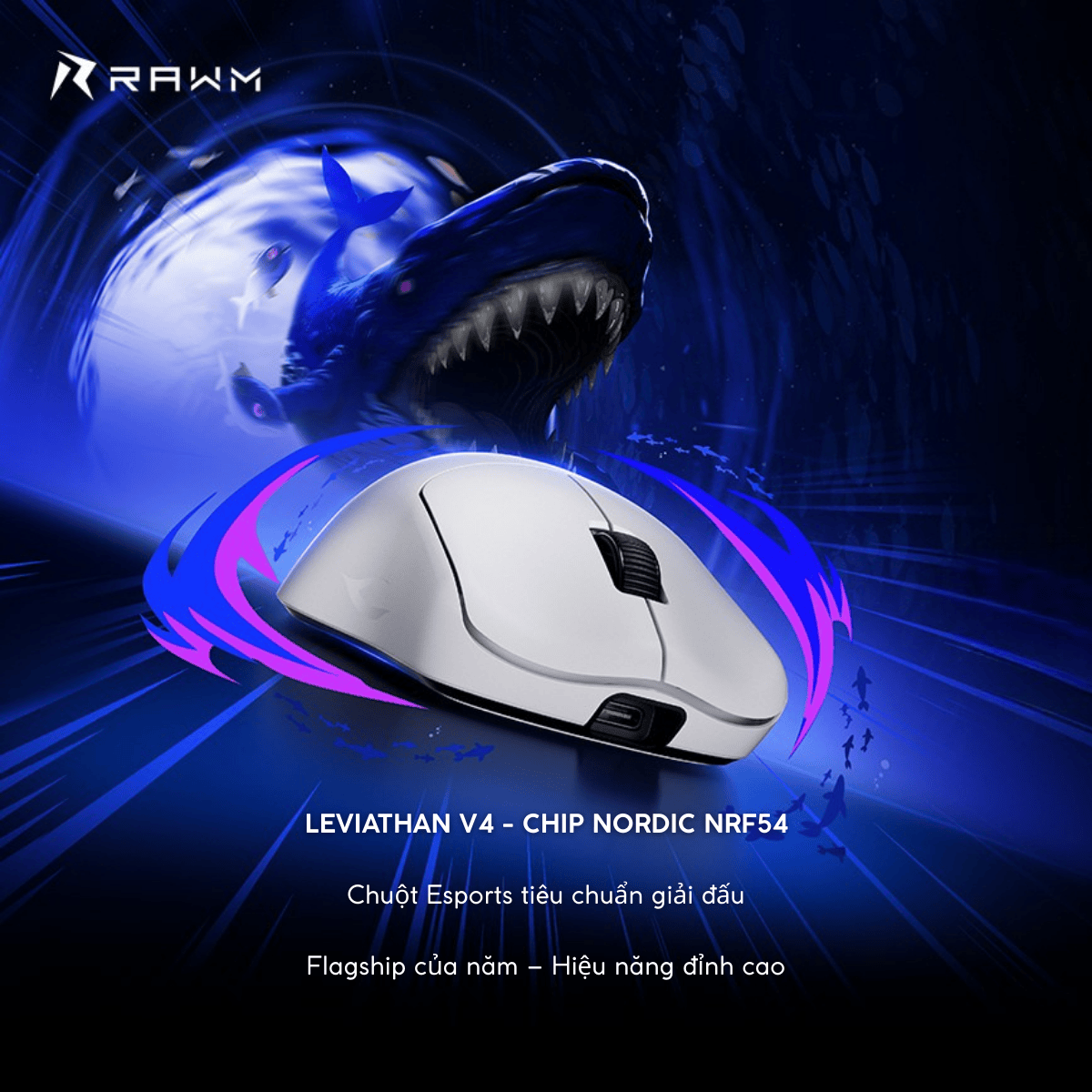 Chuột Gaming Không Dây RAWM Leviathan V4, Cảm Biến PAW3950, Nordic nRF54L15, Dual 8K, RawmSpeeed, Pin 500mAh, 150H, ~55g, Lớp Phủ THERMO-SENSITIVE