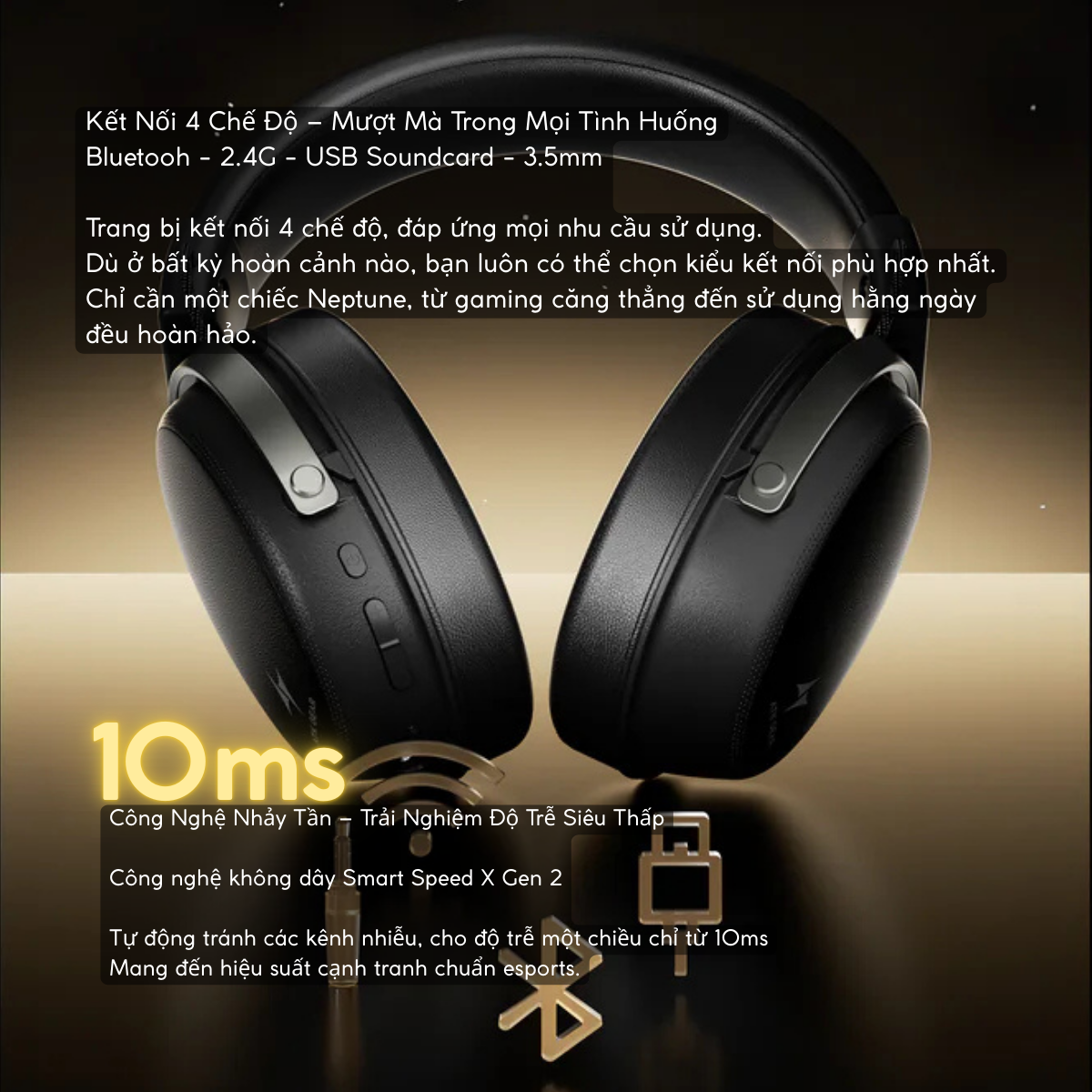 Tai Nghe Gaming Không Dây ATK Neptune N9, Driver Phủ TITAN 53mm, Tần Số 10Hz – 40kHz, Âm thanh không gian 3D, Độ Trễ Thấp 10ms, Khử Ồn Đàm Thoại, Pin 1500mAh(130h), Trọng Lượng 270g