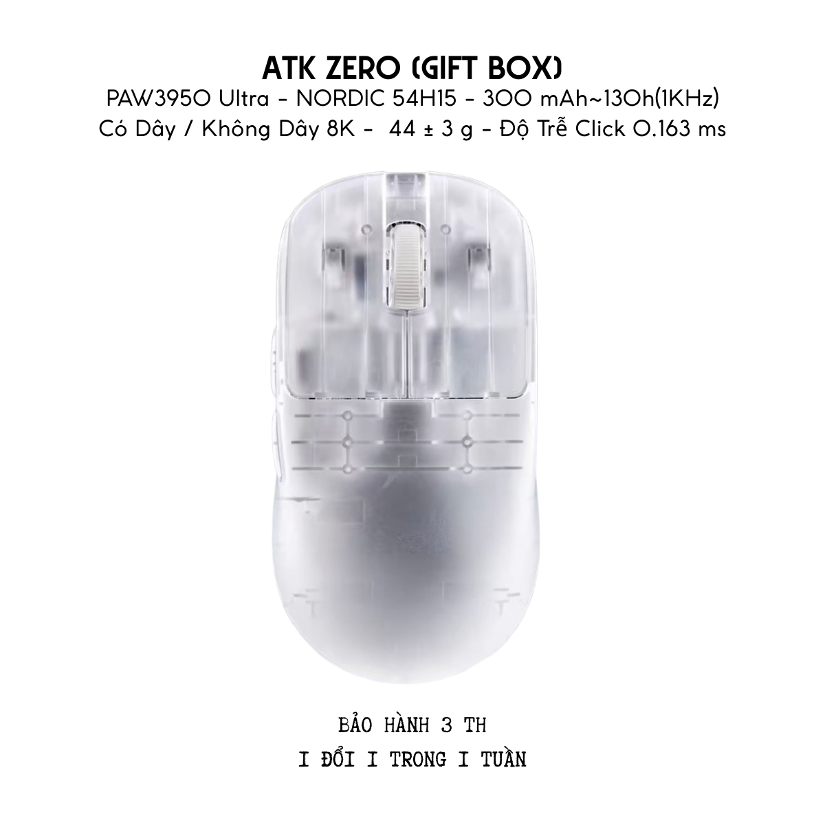 Chuột Gaming Không Dây ATK ZERO Series, Nordic 54H20, PAW 3950 Ultra, Delay 0.163ms, 800mAh, 39g±3g, Dongle GEM 8K
