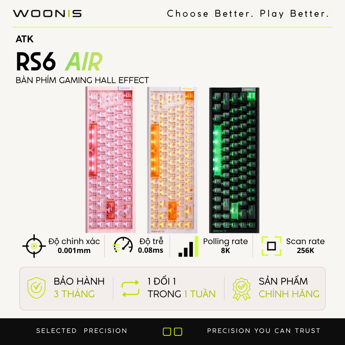 BÀN PHÍM GAMING HE ATK RS6 AIR, Polling Rate 8K, Độ Chính Xác 0.001mm, Scan Rate 256K, Độ Trễ 0.08ms, RGB 16.8 triệu màu