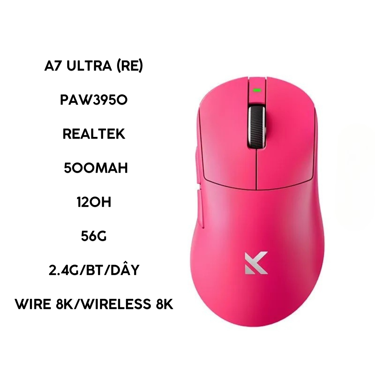 Chuột Gaming Không Dây Mchose A7 Ultra (RE) PAW3950, Chip Realtek, 56g và dành cho người thuận tay phải