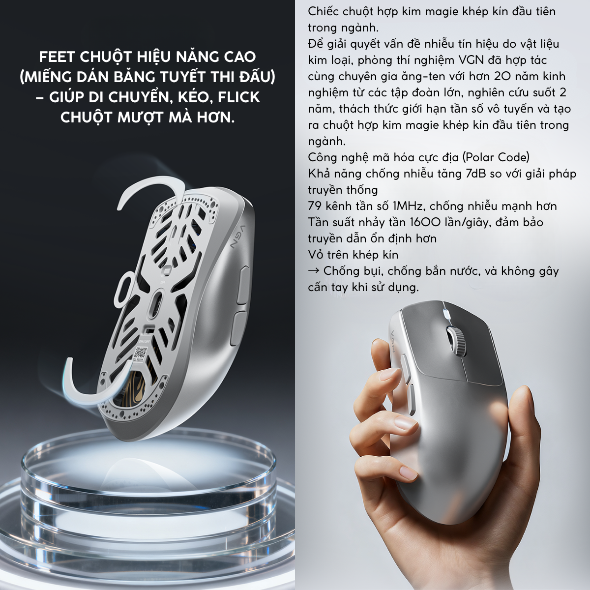 Chuột Gaming Không Dây VGN Dragonfly King Space Silver Hợp kim Magie Siêu nhẹ 54g, Cảm biến PAW3950, Chip Star Flash, Pin 500mAh