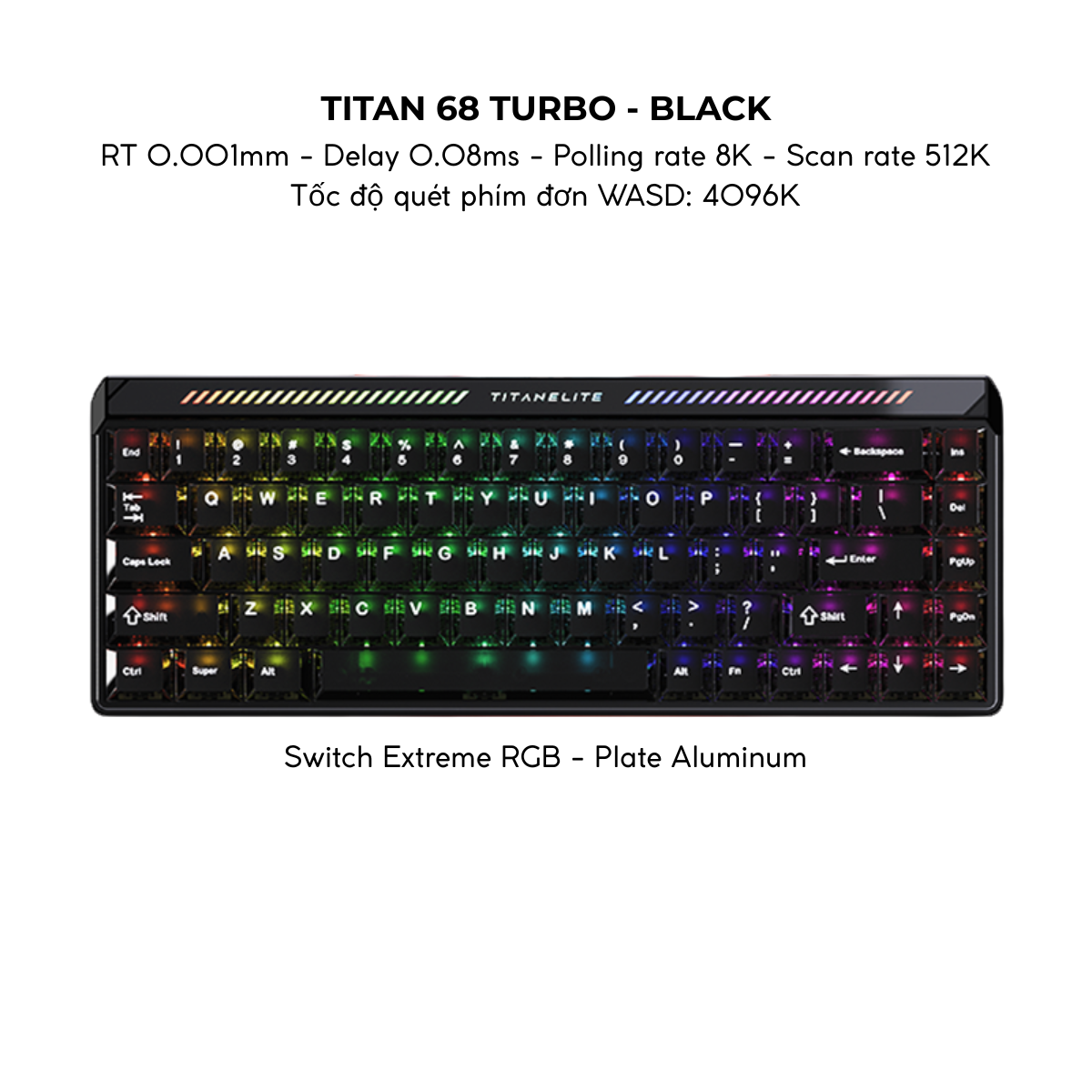 BÀN PHÍM GAMING HE MAD TITAN68 TURBO, Polling Rate 8K, Độ Chính Xác 0.001mm, Scan Rate 512K, Độ Trễ 0.08ms, RGB 16.8 triệu màu, Tốc độ quét phím đơn WASD 4096K