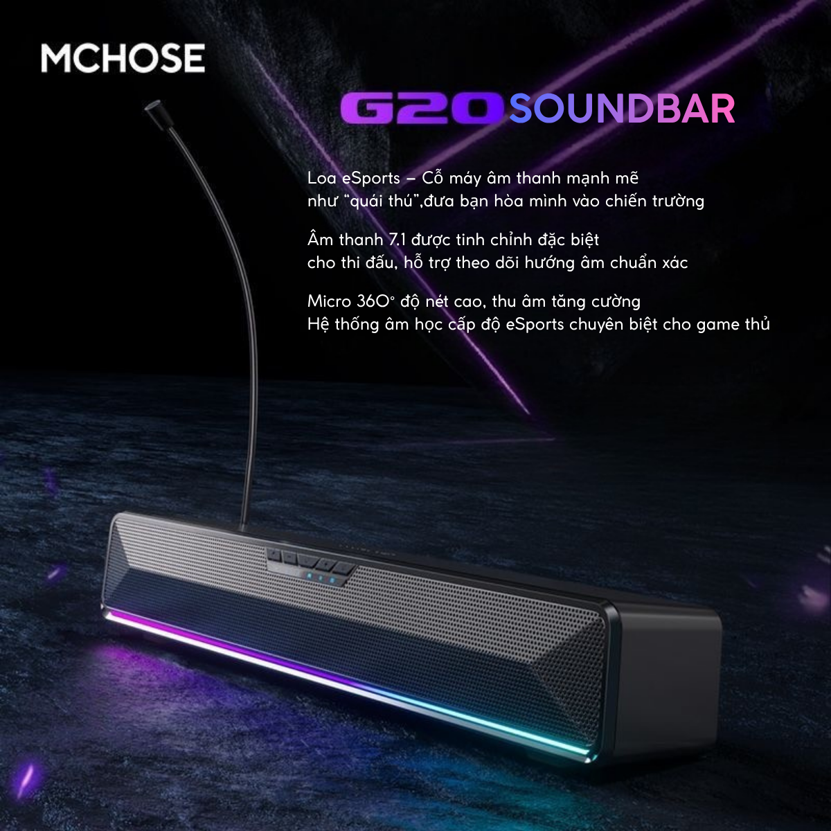 Loa Soundbar Gaming MCHOSE G20 Pro – Âm Thanh Vòm 7.1, Micro Tháo Rời, Đèn RGB Nhịp Nhạc