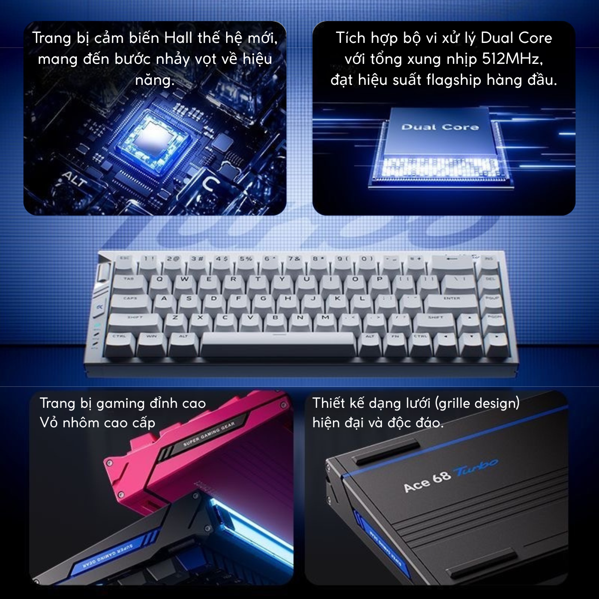 BÀN PHÍM GAMING HE MCHOSE ACE 68 TURBO, Polling Rate 16K, Độ Chính Xác 0.001mm, Scan Rate 256K, Độ Trễ 0.06ms, RGB 16.8 triệu màu, Hỗ Trợ Music Rhythm 2.0