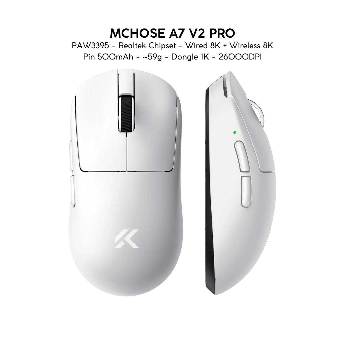 Chuột Gaming Không Dây Mchose A7 V2 Pro+/Ultra+ Đế Sạc Từ Tính, PAW 3950TI, Realtek Chipset, 42000 DPI, Dongle 8K, Siêu nhẹ 59g, Pin 500mAh