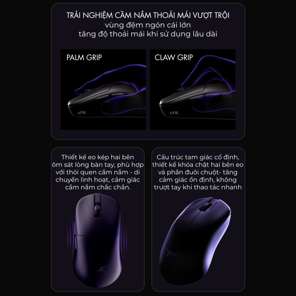 Chuột Gaming ATK U2 – Chuột Không Dây Nhẹ 44g, Cảm Biến PAW3950 Ultra, Polling Rate 8000Hz - Hiệu Suất Đỉnh Cao Cho Game Thủ