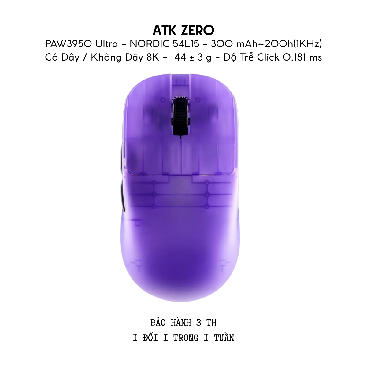 Chuột Gaming Không Dây ATK ZERO Series, Nordic 54H20, PAW 3950 Ultra, Delay 0.163ms, 800mAh, 39g±3g, Dongle GEM 8K