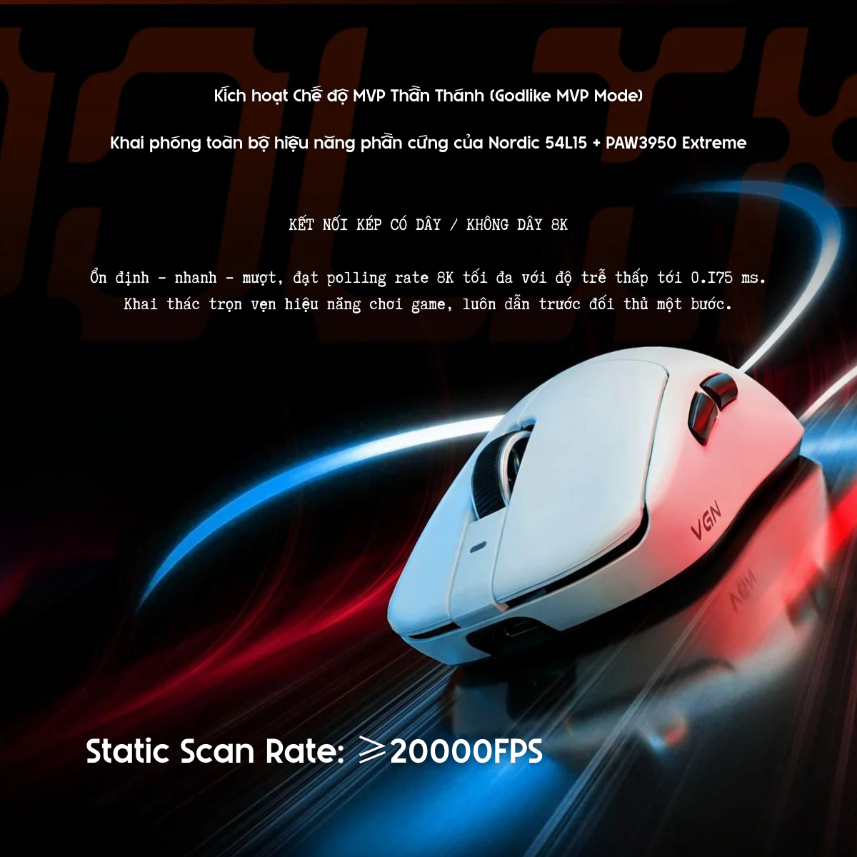 Chuột Gaming Không Dây VGN Dragonfly 3 Series, PAW3395 Extreme, Nordic 54L15, Delay 0.175ms, 56g, Lớp Phủ Ice-Feel Coating, Pin 500mAh