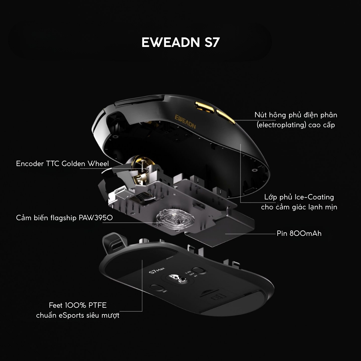 Chuột Gaming Không Dây Eweadn S7 Series, PAW 3950, PAR2862, Polling rate 8K, Pin 800mAh, Lớp phủ Nano Ice Skin